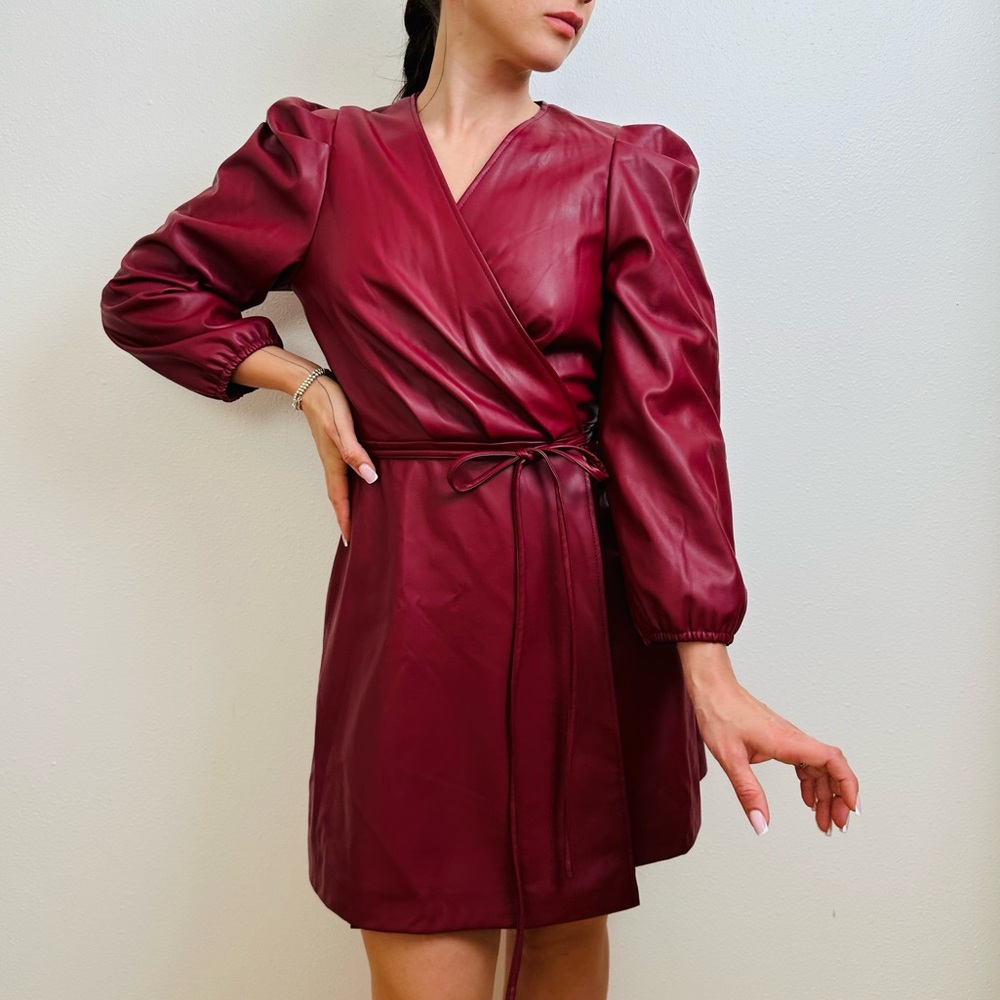 New BCBG Paris Mini Wrap Dress Bordeaux Faux Leather